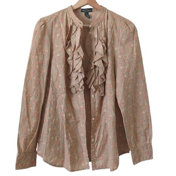 Ralph Lauren Button Up Womens L Top Country Cottagecore Boho Tan Floral Granny - Picture 1 of 8